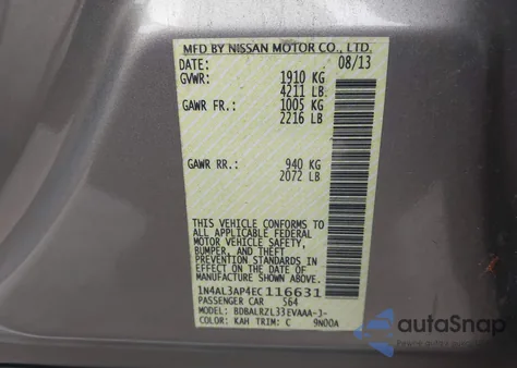 2014 Nissan Altima 2.5 S z USA, uszkodzony, nr VIN 1N4AL3AP4EC116631